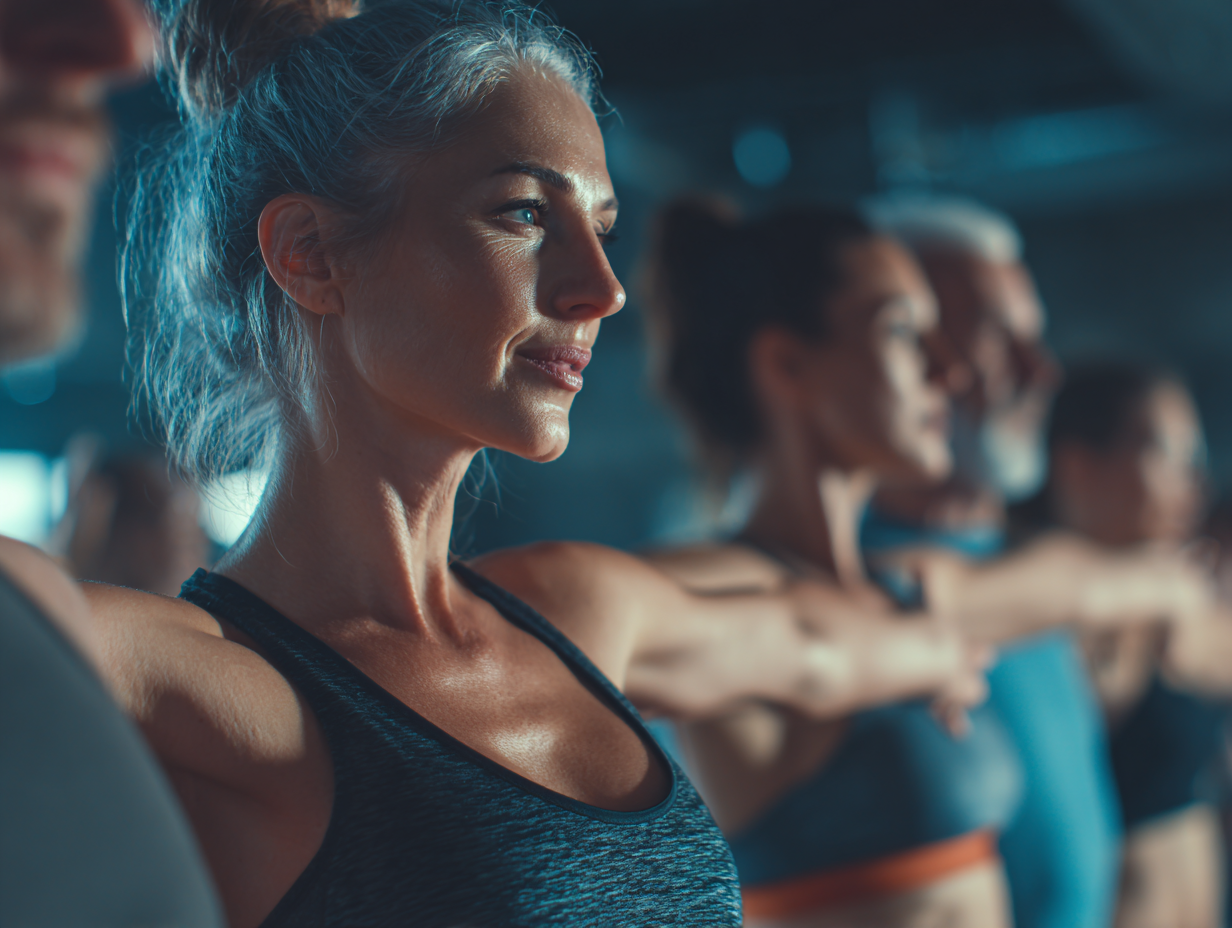 Група людей різного віку займається фітнесом в спортивному залі